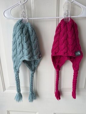 The North Face Kids Earflap Cable Knit Beanies - Teal & Fuchsia